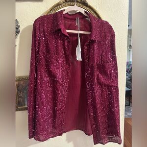 NWT Anthropologie Burgundy Sequin Button Down Shirt